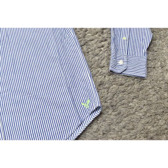 American Eagle Men's Medium Blue Striped Athletic Cotton Button Shirt - Picture 6 of 7